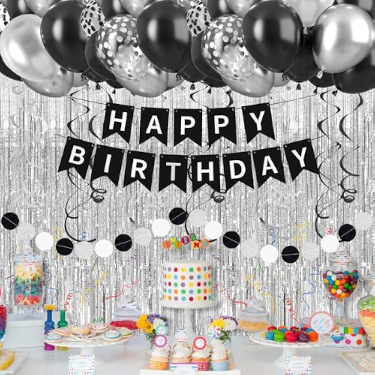 Black & Silver Happy Birthday Decorations, Banner, Swirls, Balloons & Party Supplies