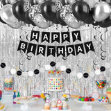 Black & Silver Happy Birthday Decorations, Banner, Swirls, Balloons & Party Supplies