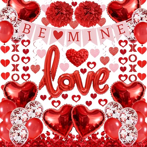 67Pcs Red Valentine's Day Decoration Set, BE MINE Banner, Foil Love Balloons, Love Heart XO Garlands, 500Pcs Rose Petals, Hanging Swirls, Pre-Assembled Set for Party Home Wedding Classroom Office