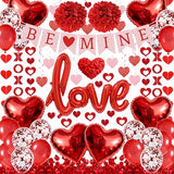 67Pcs Red Valentine's Day Decoration Set, BE MINE Banner, Foil Love Balloons, Love Heart XO Garlands, 500Pcs Rose Petals, Hanging Swirls, Pre-Assembled Set for Party Home Wedding Classroom Office