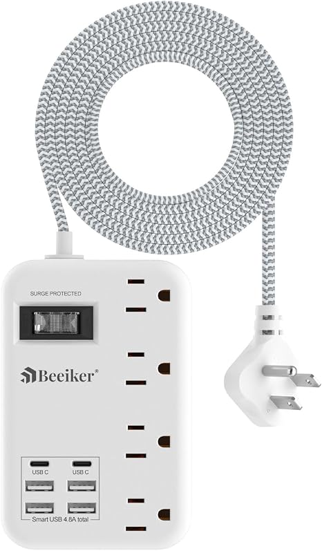 Travel Power Strip 4 Outlets 6 USB Ports 2 USB C 5FT Braided Extension Cord Surge Protector