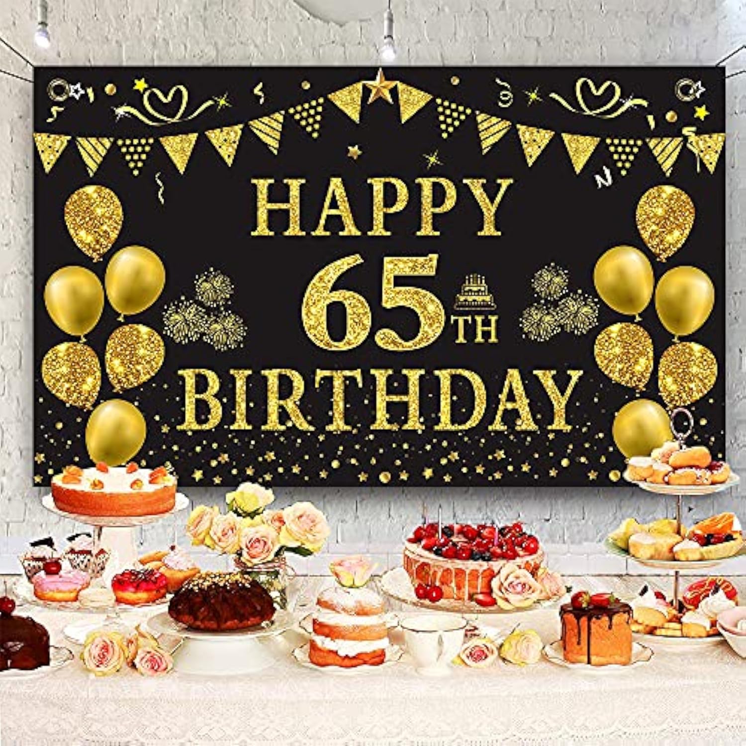 Gold & Black 65th Birthday Backdrop Banner for Party Photos
