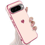 Pixel 9/9 Pro Case, Pink, Plating Edge, Love Heart, Shockproof, Soft TPU