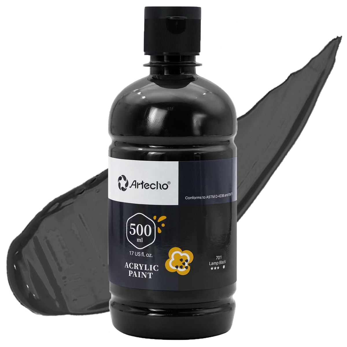 Black Acrylic Paint - Large 500Ml Bottle, Non-Toxic, Ideal For Canvas, Rocks, Wood, Fabric, Ceramic