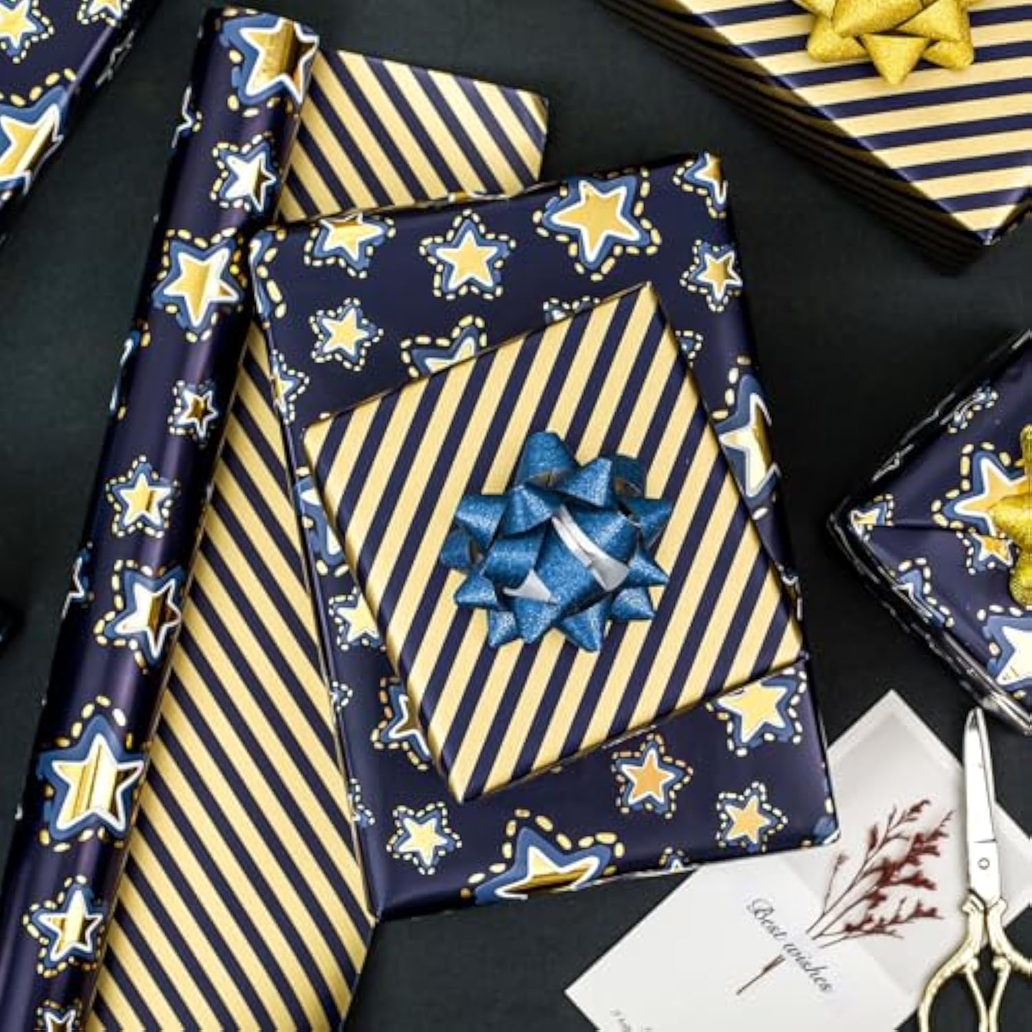 Reversible Gift Wrapping Paper Mini Roll, 17 Inches X 32.8 Feet Bright Colored Thick All Occasion Packing Paper For Birthday Wedding Holiday Party - Gold Stars/Dark Blue Sky/Stripes Design