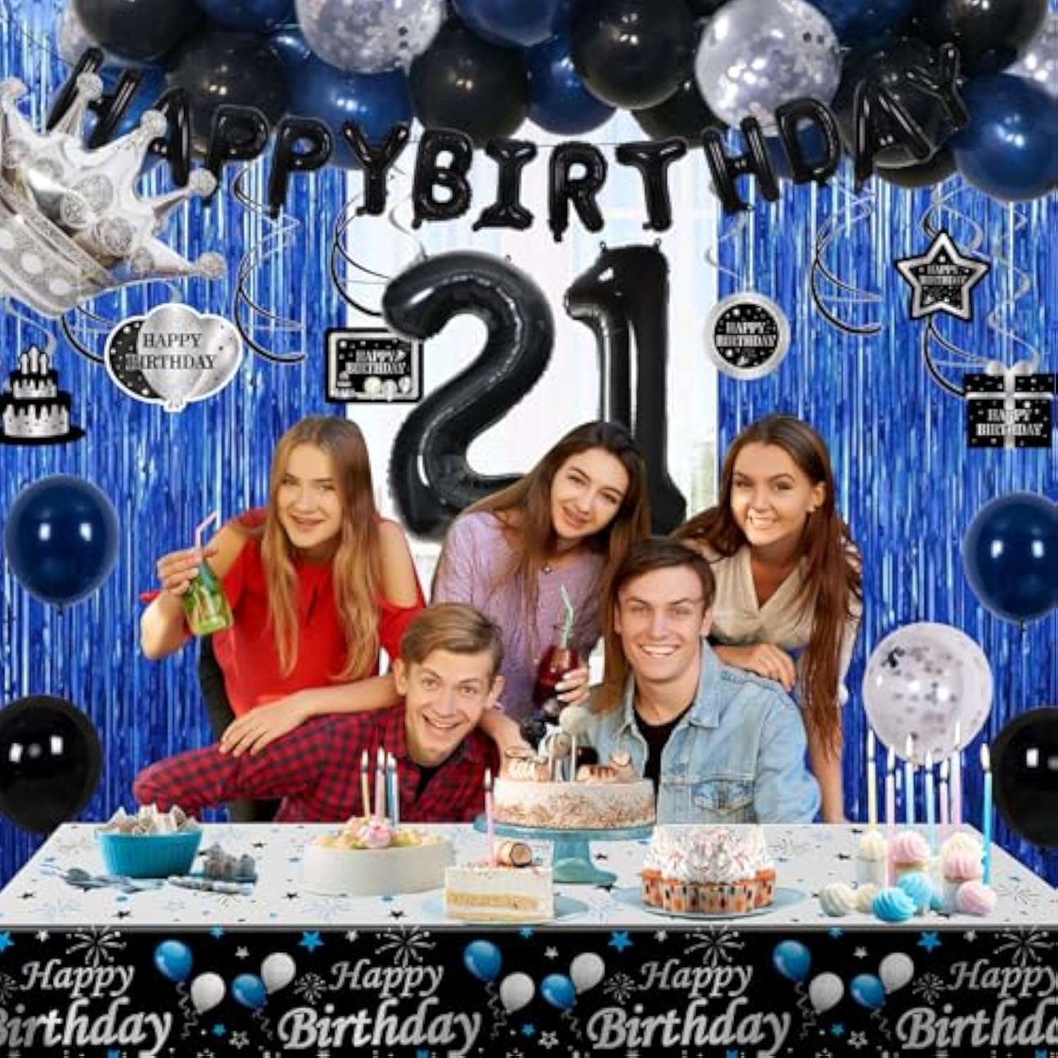 21St Birthday Decorations For Him, Blue Black Happy 21St Birthday Decorations For Men Women 21 Year Old Birthday Balloons Banner, Tablecloth, Fringe Curtains Hanging Swirls 21 Bday Party Decor For Her
