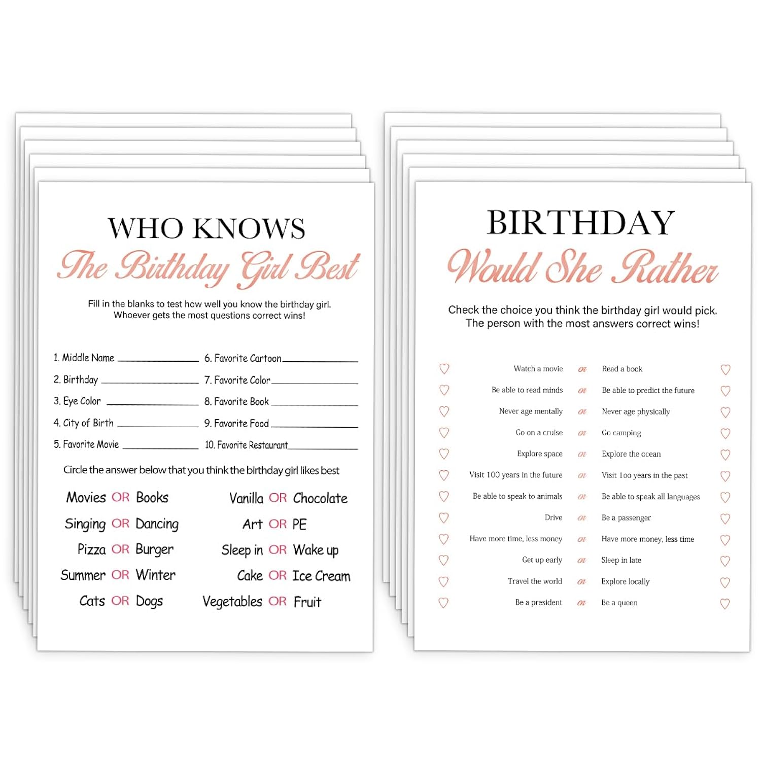 Birthday Party Decoration- Who Knows The Birthday Girl Best-Set Of 2 Birthday Supplies For 20 Guests,Birthday Cards Set -20 Cards,Sweet Party Supplies