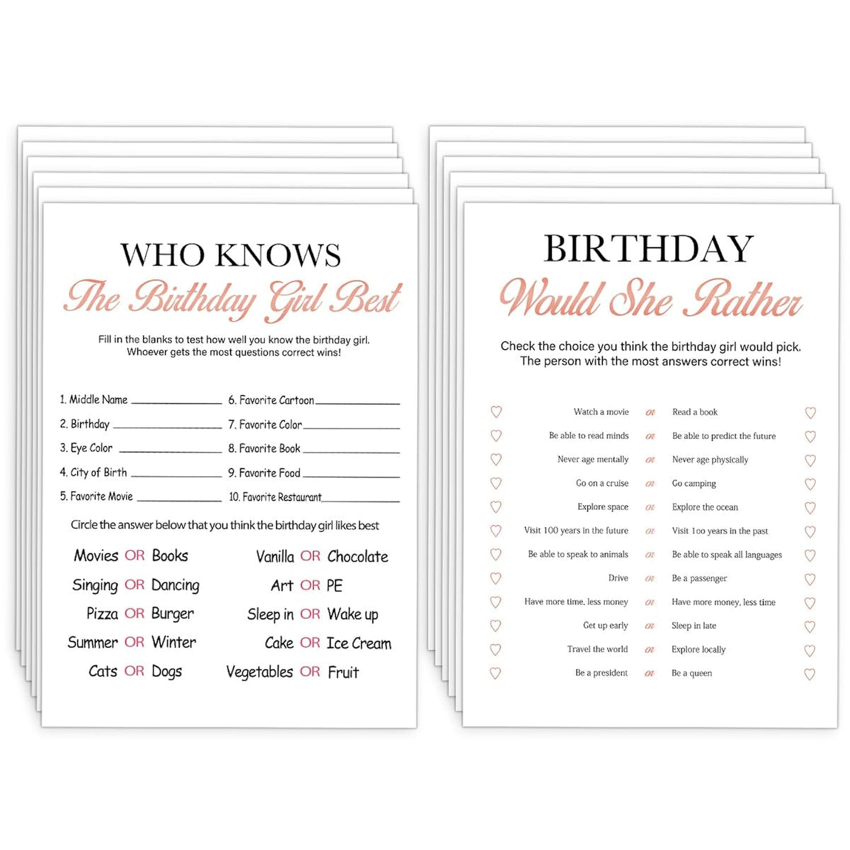 Birthday Party Decoration- Who Knows The Birthday Girl Best-Set Of 2 Birthday Supplies For 20 Guests,Birthday Cards Set -20 Cards,Sweet Party Supplies