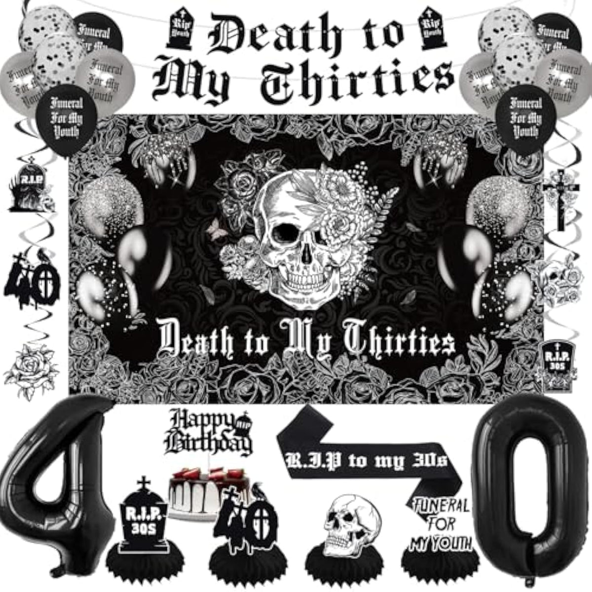 Death to My 30s Decor Backdrop Banner Swirls Sash Cake Topper Balloons for 40th Party