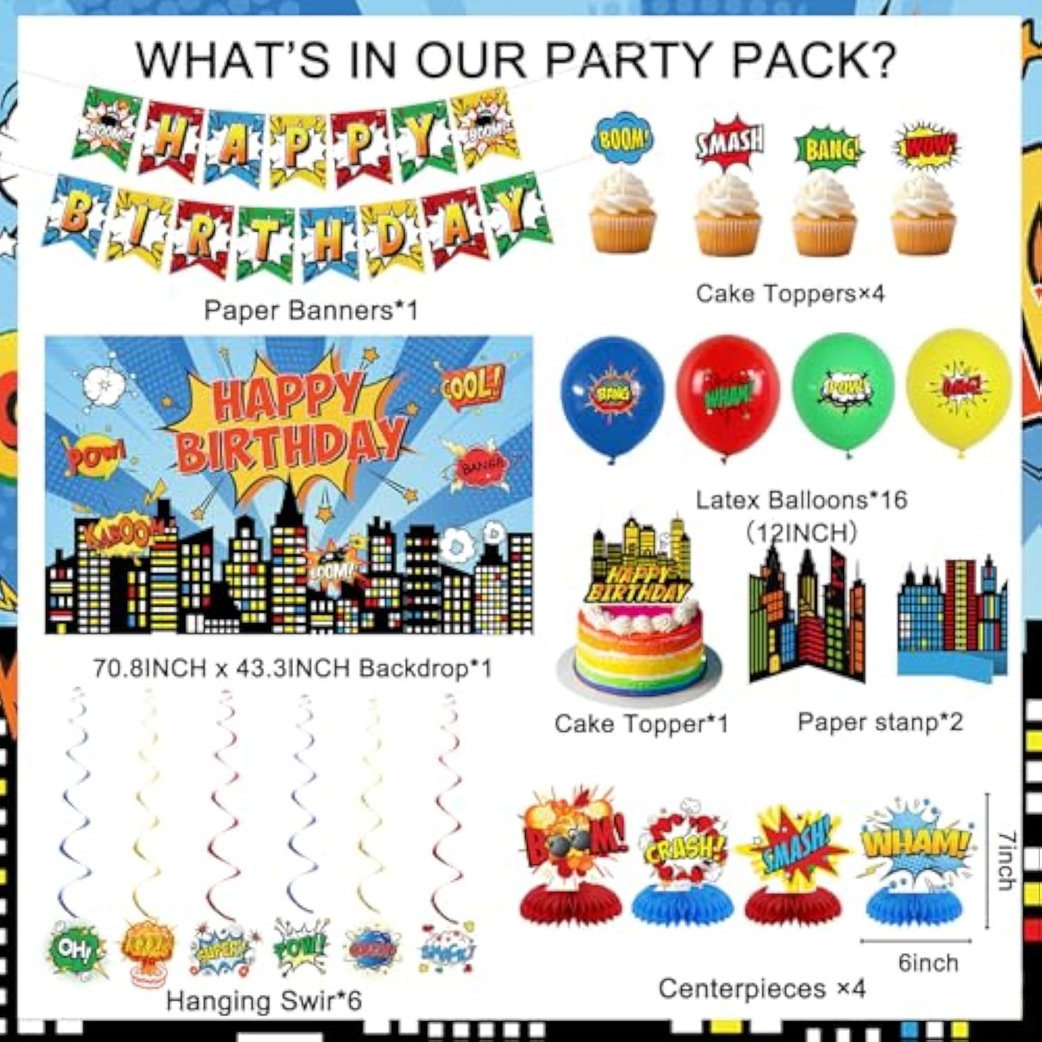 City Hero Birthday Decoration Set with Backdrop & Balloons