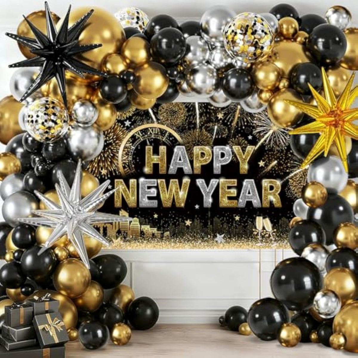 Happy 2026 New Year Balloon Set with Black, Gold, and Silver and Party Banner
