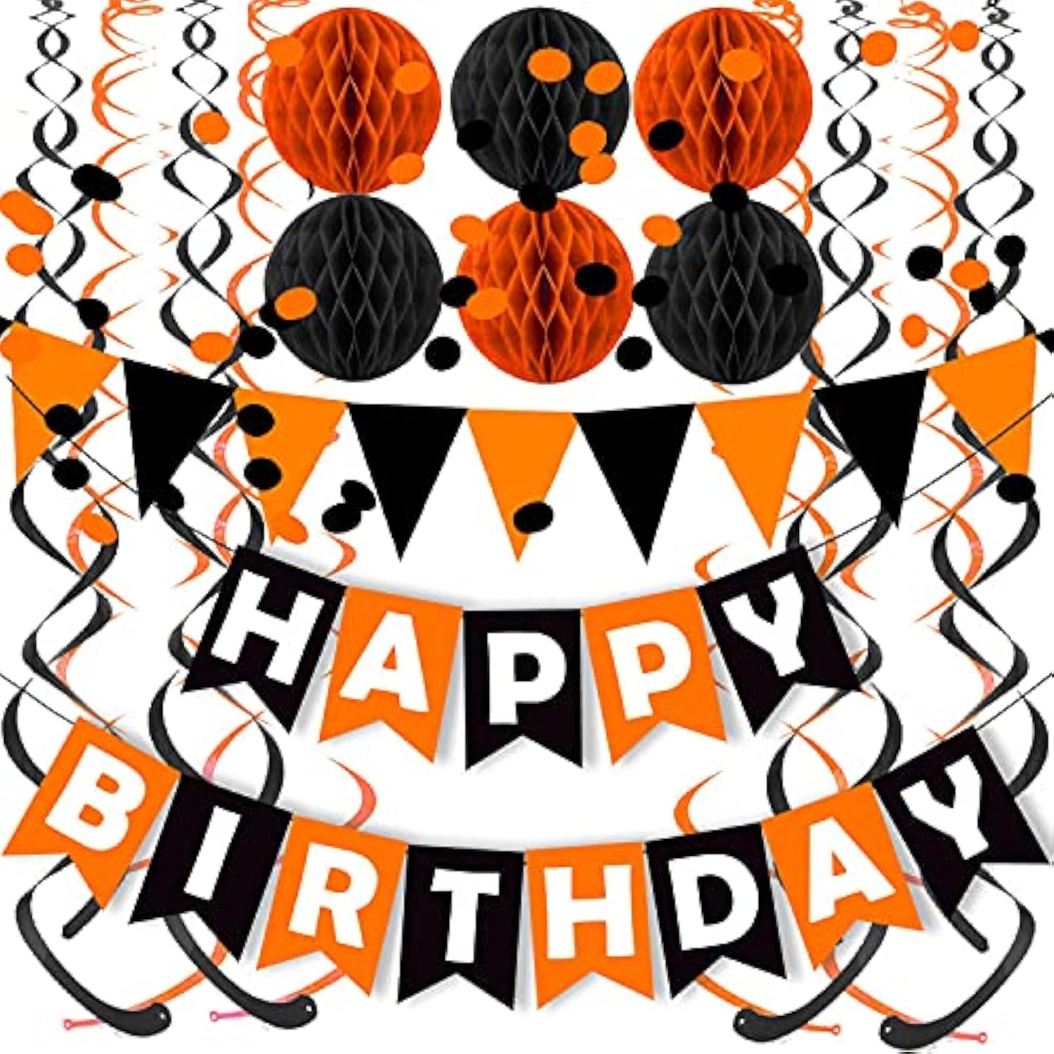 Black Orange Happy Birthday Banner Triangle Flag Bunting with Confetti Dots and Streamers