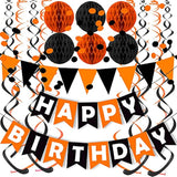 Black Orange Happy Birthday Banner Triangle Flag Bunting with Confetti Dots and Streamers