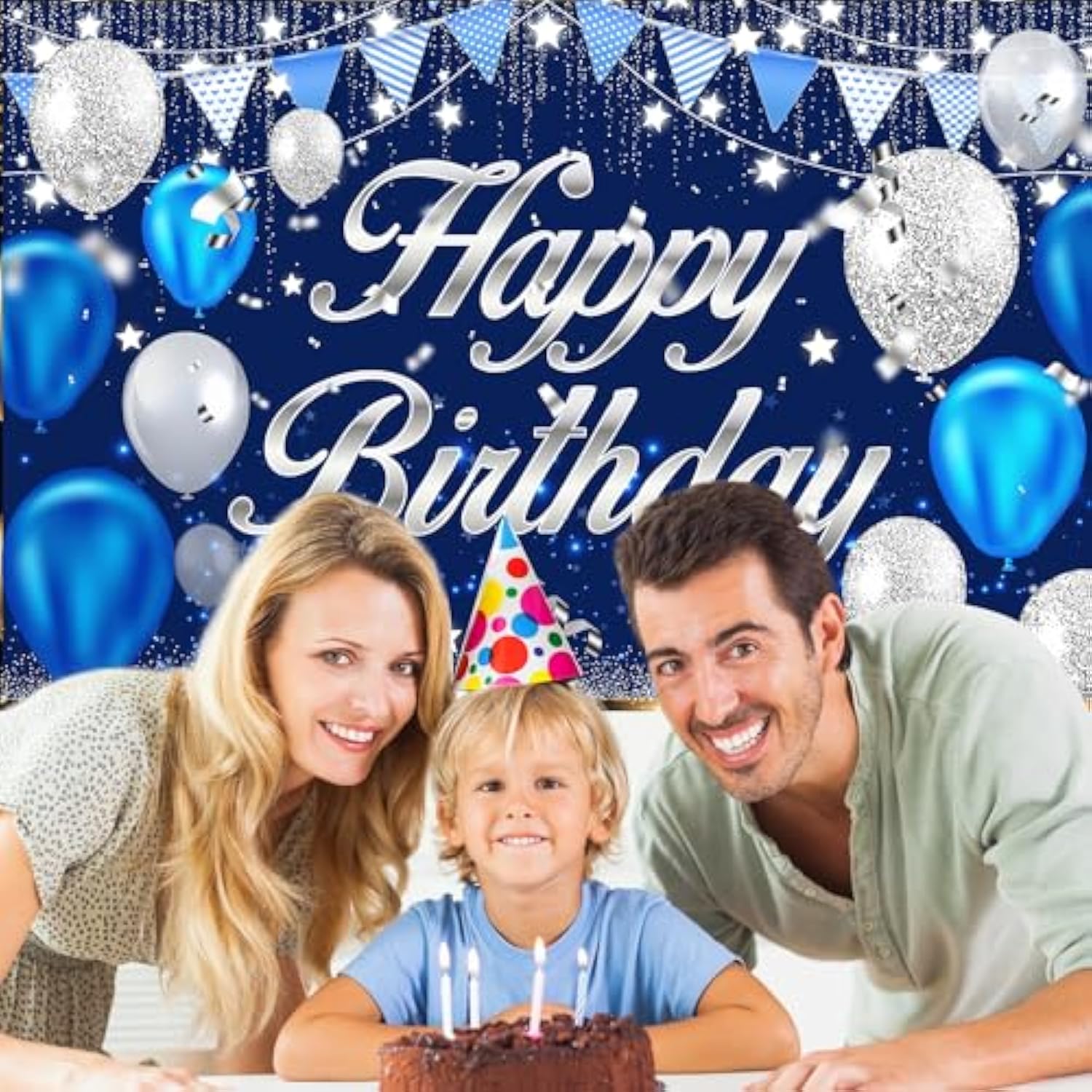 Happy Birthday Banner - Birthday Decorations For Men Women Boys Girls Blue Sliver Birthday Party Banners Welcome Happy Birthday Background Sign Theme Party Decorations Indoor Outdoor