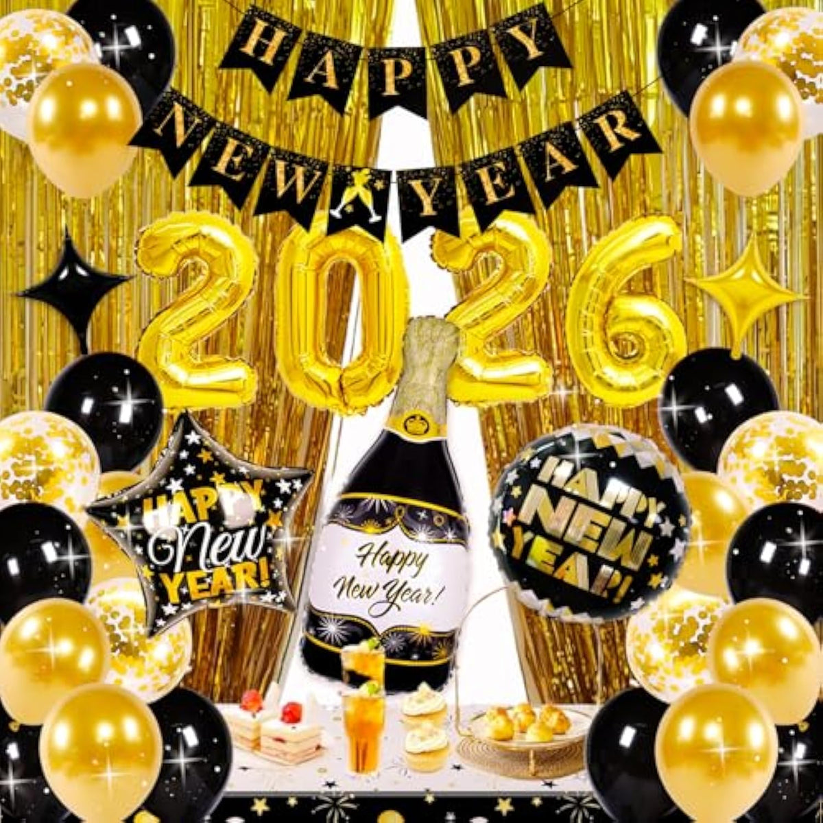 2026 New Year Decoration Set Number Balloons Banner Champagne Backdrop