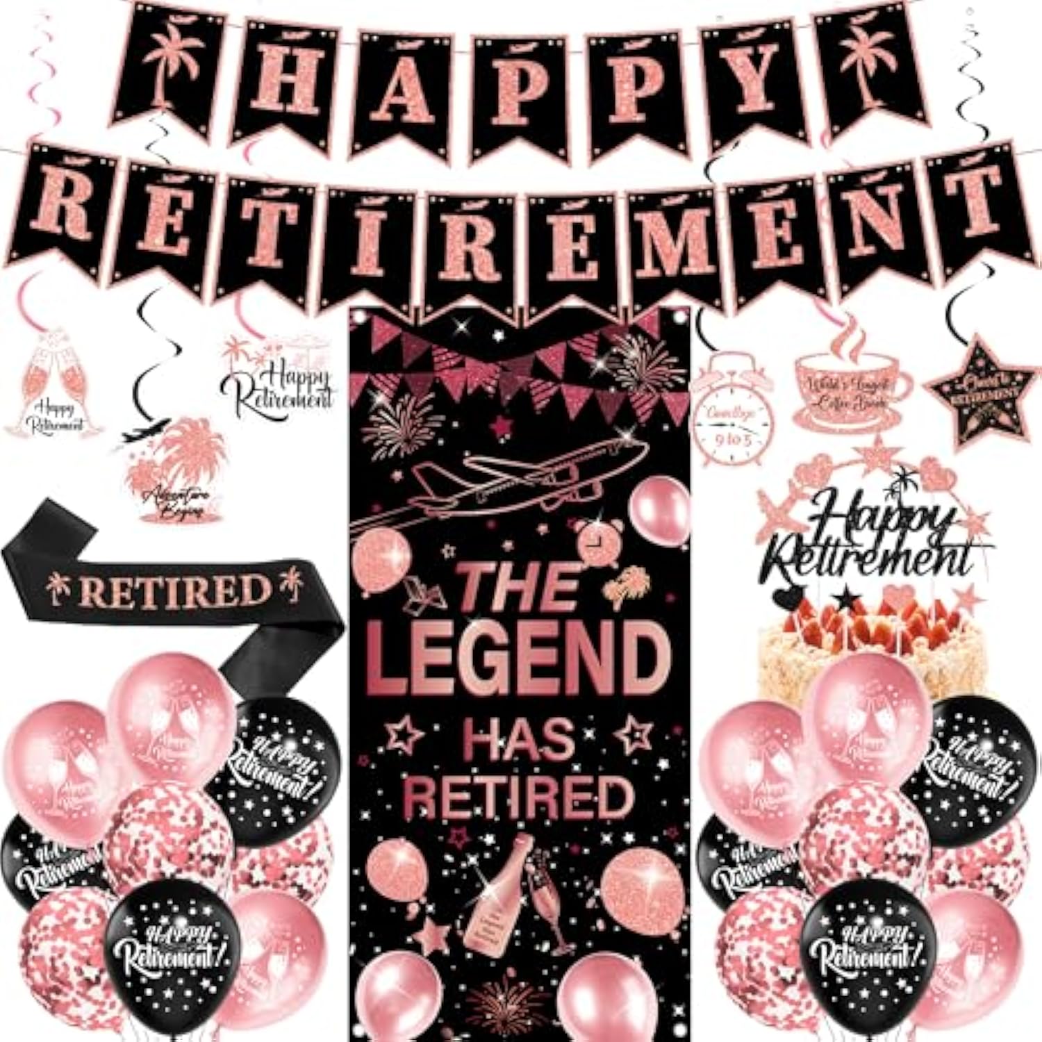 Happy Retirement Party Decorations Women - 33 Pcs Black Rose Gold Banners Hanging Swirls Glitter Cupcake Cake Toppers Backdrop Sparkling Sash Confetti Balloons For Retire Decoration Party Supplies