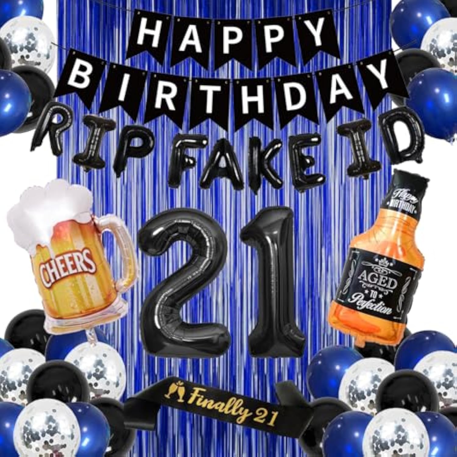 21St Birthday Party Decorations, Blue And Black Happy 21St Birthday Sash Banner Balloons Fringe Curtain Kit For Her Him, 21 Years Old Party Background Backdrop