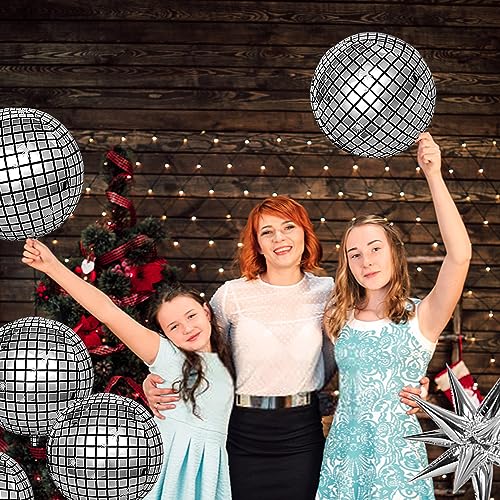 24 Disco Ball Balloons With 3 foil fringe curtains, Huge Silver Explosion Star Aluminum Foil Balloons for Birthday Silver Party 70s 80s 90s Theme Disco Party Decorations Supplies