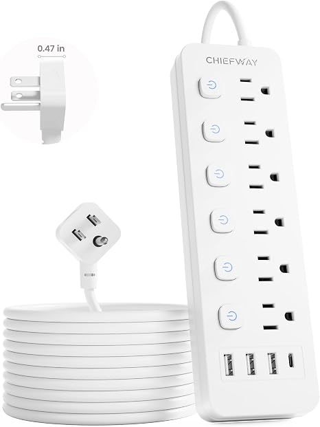 Cruise Approved Power Strip 6 Outlets 4 USB Ports USB C 6FT Extension Cord White