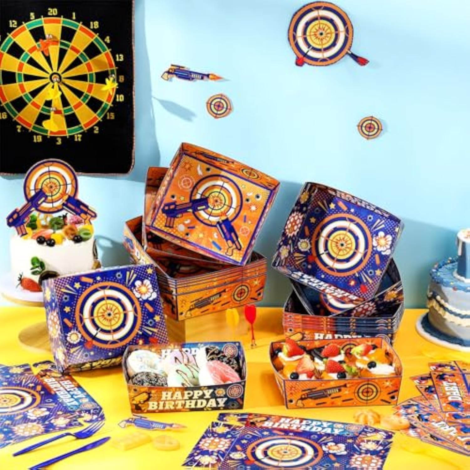 36 Pack Dart Battle Party Supplies Food Trays 5 Lb Blue And Orange Boats Large Paper Food Snack Trays For Dart Party Fireworks Gun Kids Game Birthday
