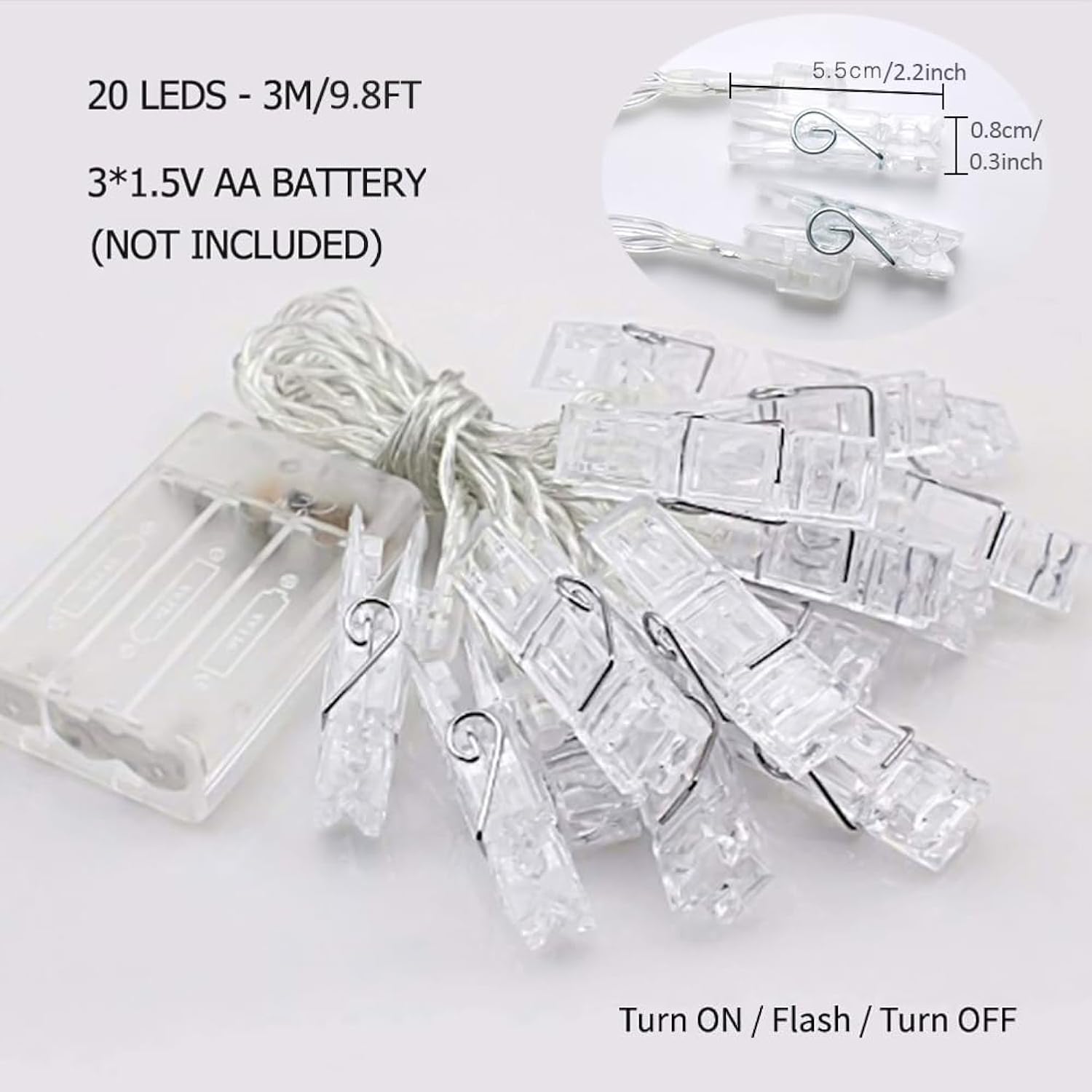 Photo Clips String Lights, 9.8Ft 20 Led Fairy Lights With Clips Battery Operated Warm White For Pictures Dorm Bedroom Wa
