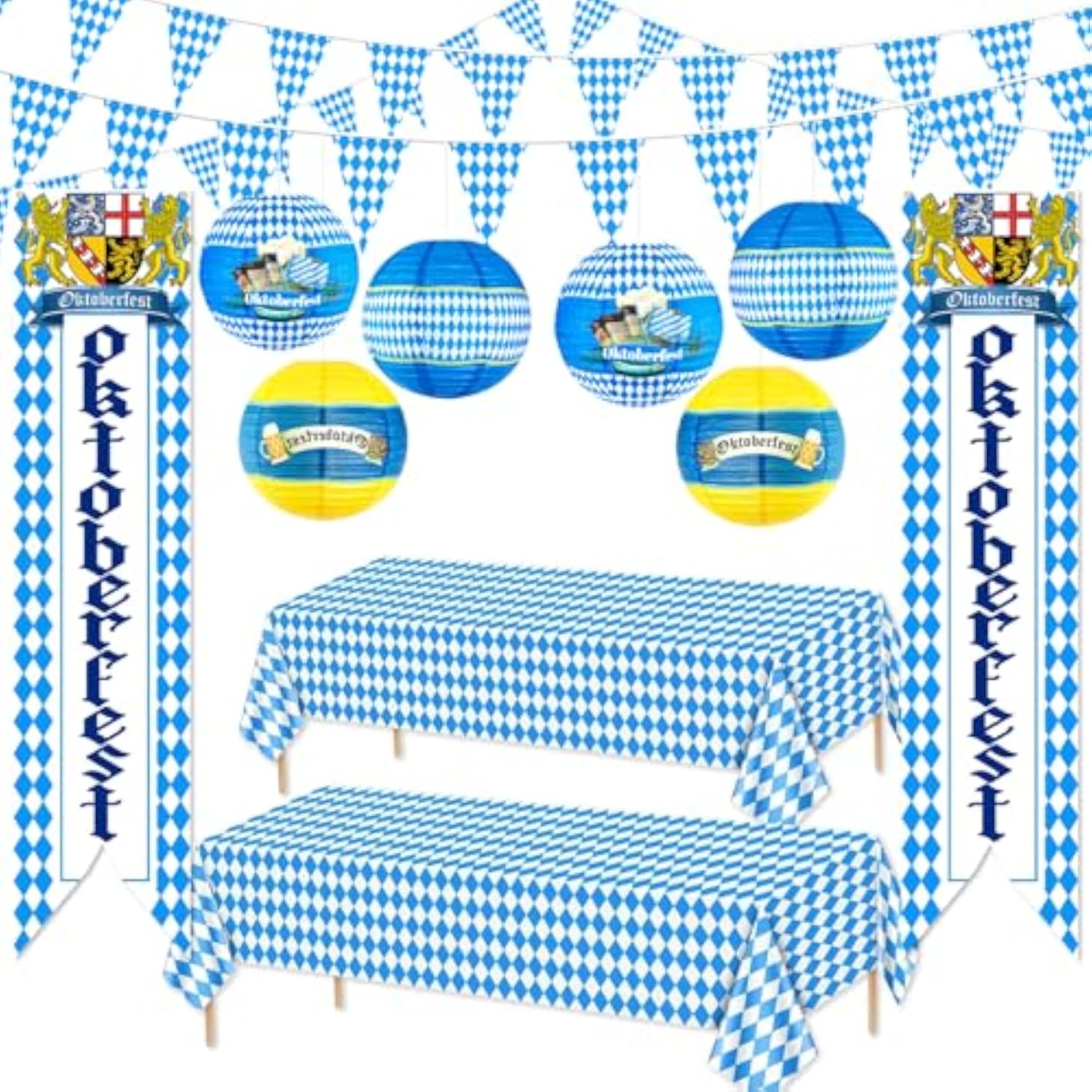 11Pcs Oktoberfest Decorations Kit Oktoberfest Decorations Party Supplies Paper Lanterns Tablecloths Bavarian Pennant Flag Banner For German Beers Home Yard Festival Party Accessories
