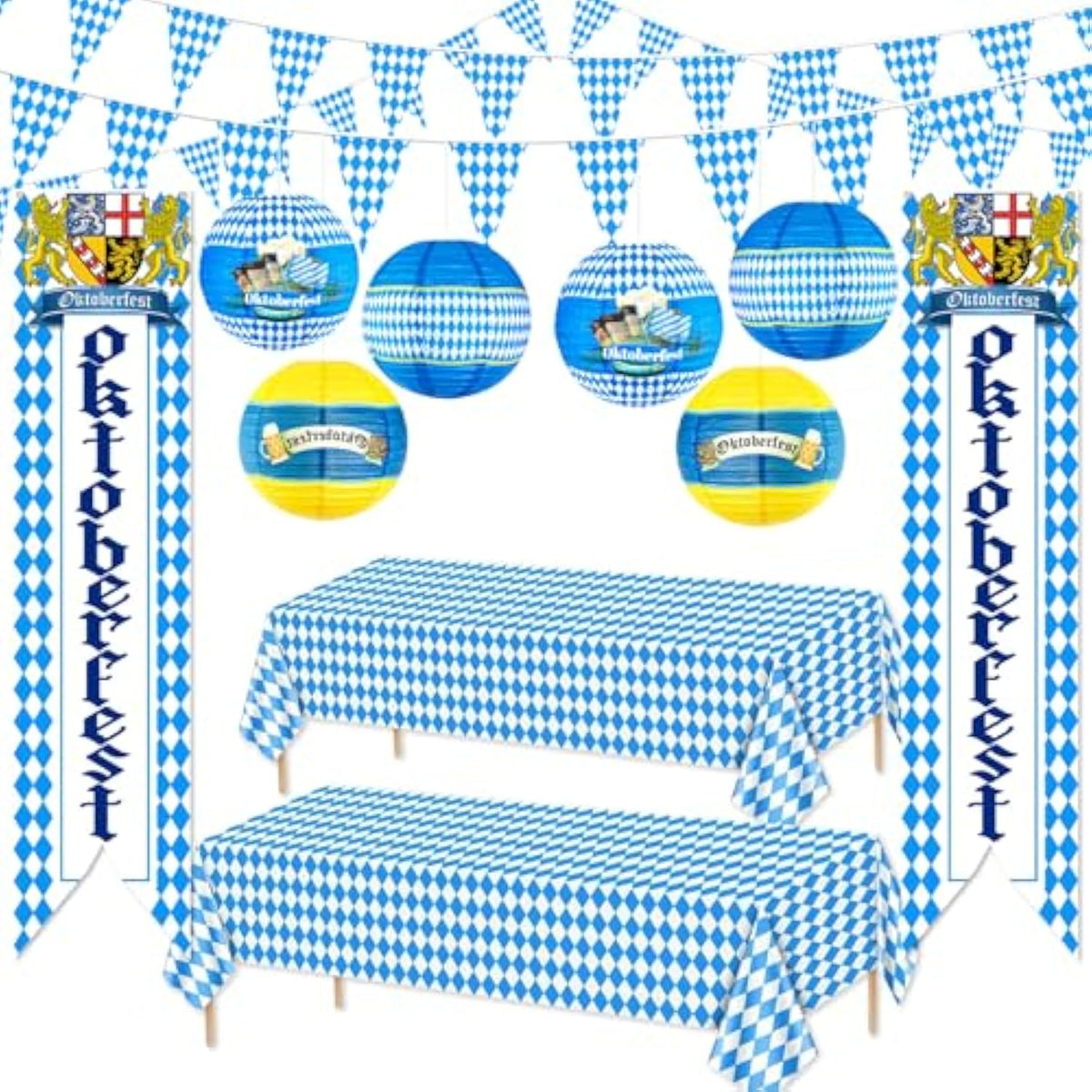 11Pcs Oktoberfest Decorations Kit Oktoberfest Decorations Party Supplies Paper Lanterns Tablecloths Bavarian Pennant Flag Banner For German Beers Home Yard Festival Party Accessories