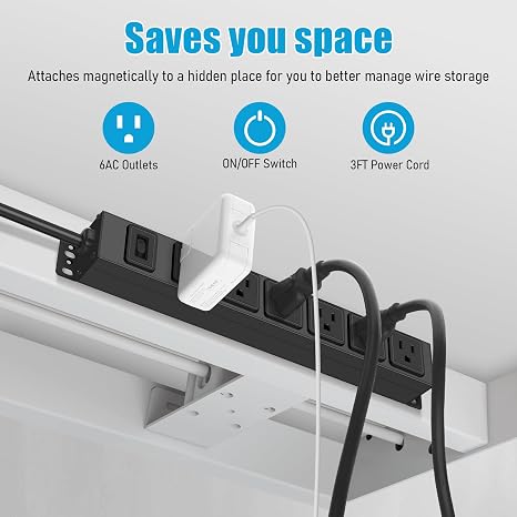 6 Outlet Magnetic Power Strip Heavy Duty Metal Surge Protector with 3 ft Cord