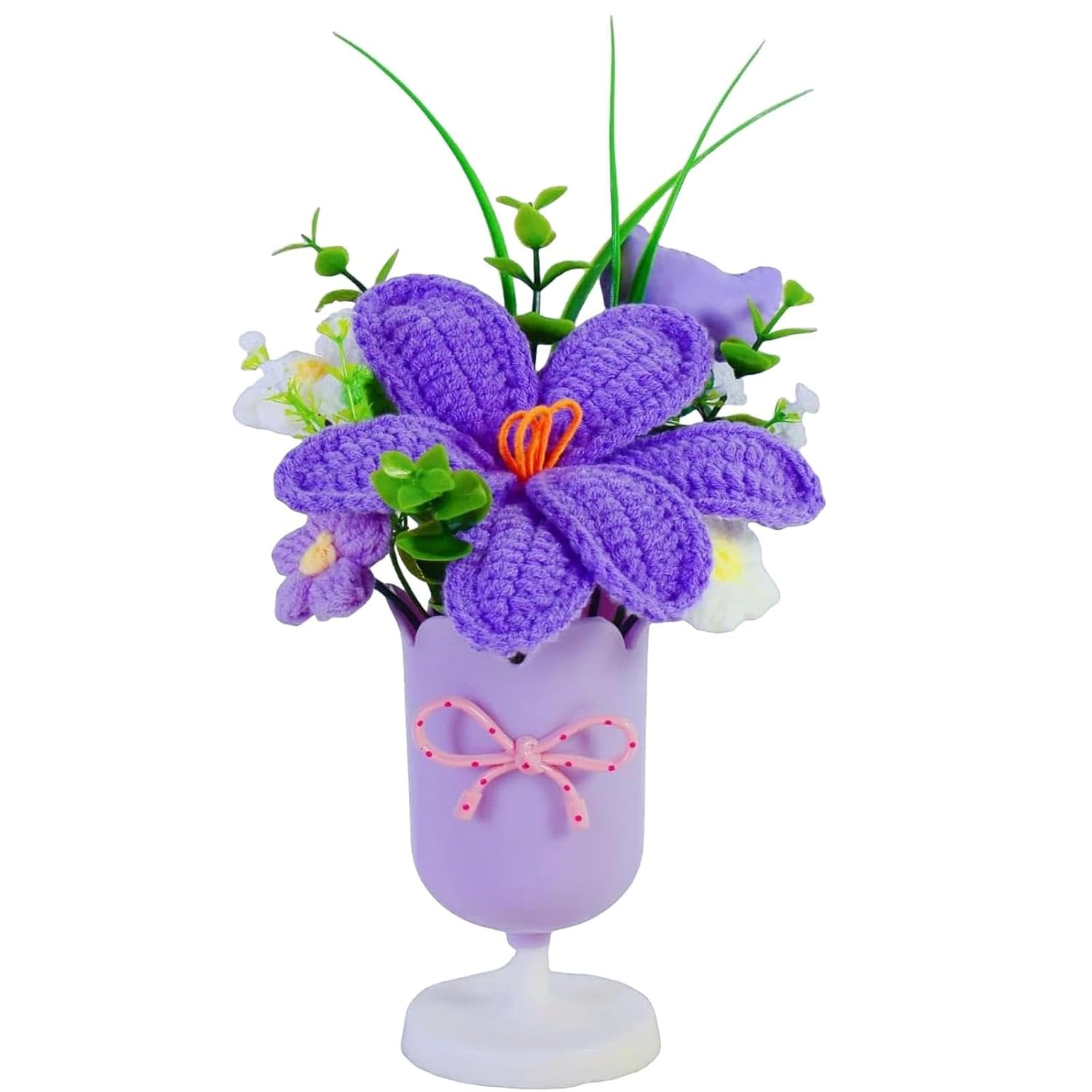 Crochet Tulips Flowers With Vase, Knitted Artificial Flower Bouquet, Artificial Plant Hand-Woven Flowers For Home Office Ornaments Gifts For Woman Mother Family Friends Anniversaries (Purple)