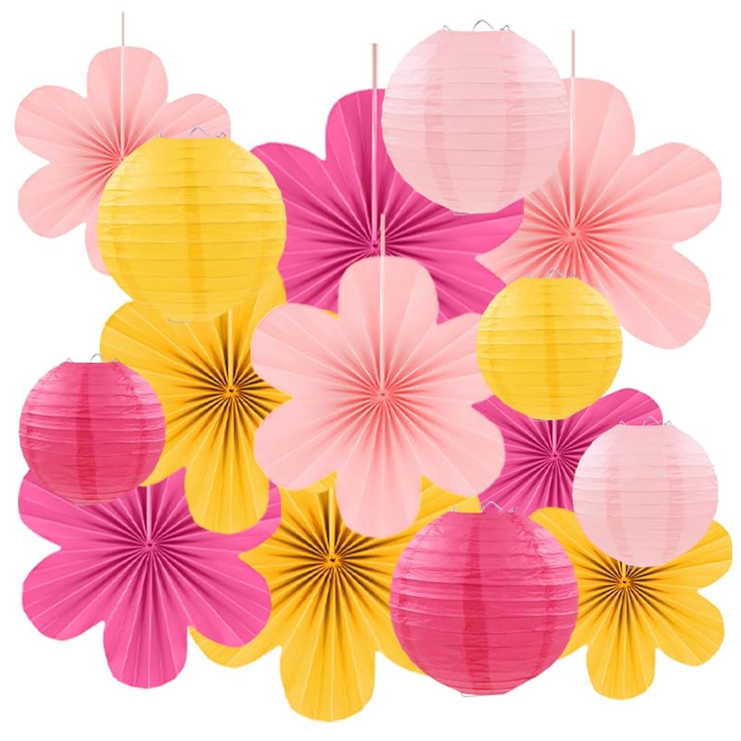 15Pcs Pink Yellow Party Decor Kit, Hanging Paper Lanterns Paper Flowers For Birthday Baby Shower Wedding Classroom Wall Decorations