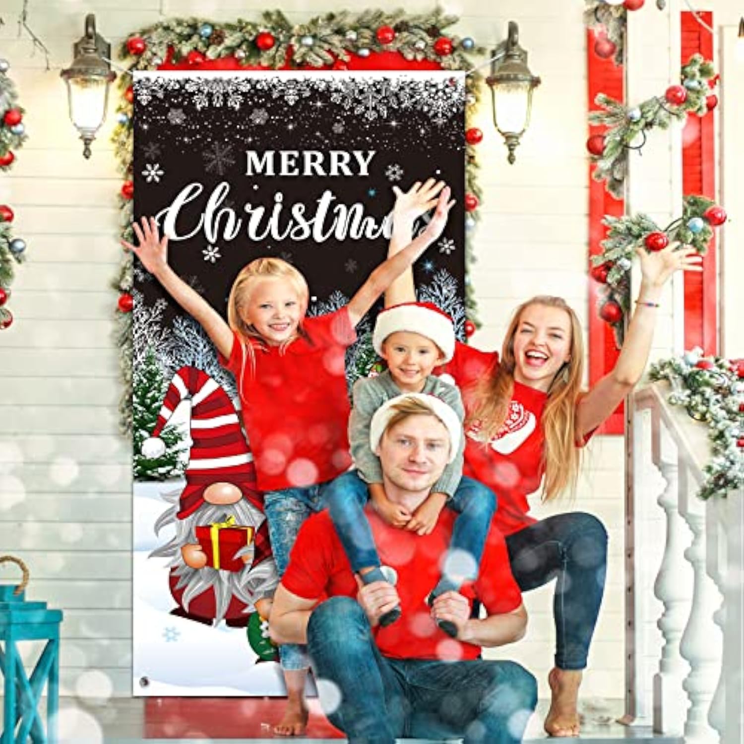 Christmas Gnome Door Cover Merry Christmas Front Door Decoration Winter Dwarf Hanging Banner Gnome Background Photo Booth Prop For Holiday Indoor Outdoor Party Supplies 70.9 X 35.4 Inches (Black)