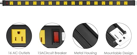 Heavy Duty Metal Power Strip 16 Outlets 6FT Extension Cord 15A 1875W Wall Mount Yellow