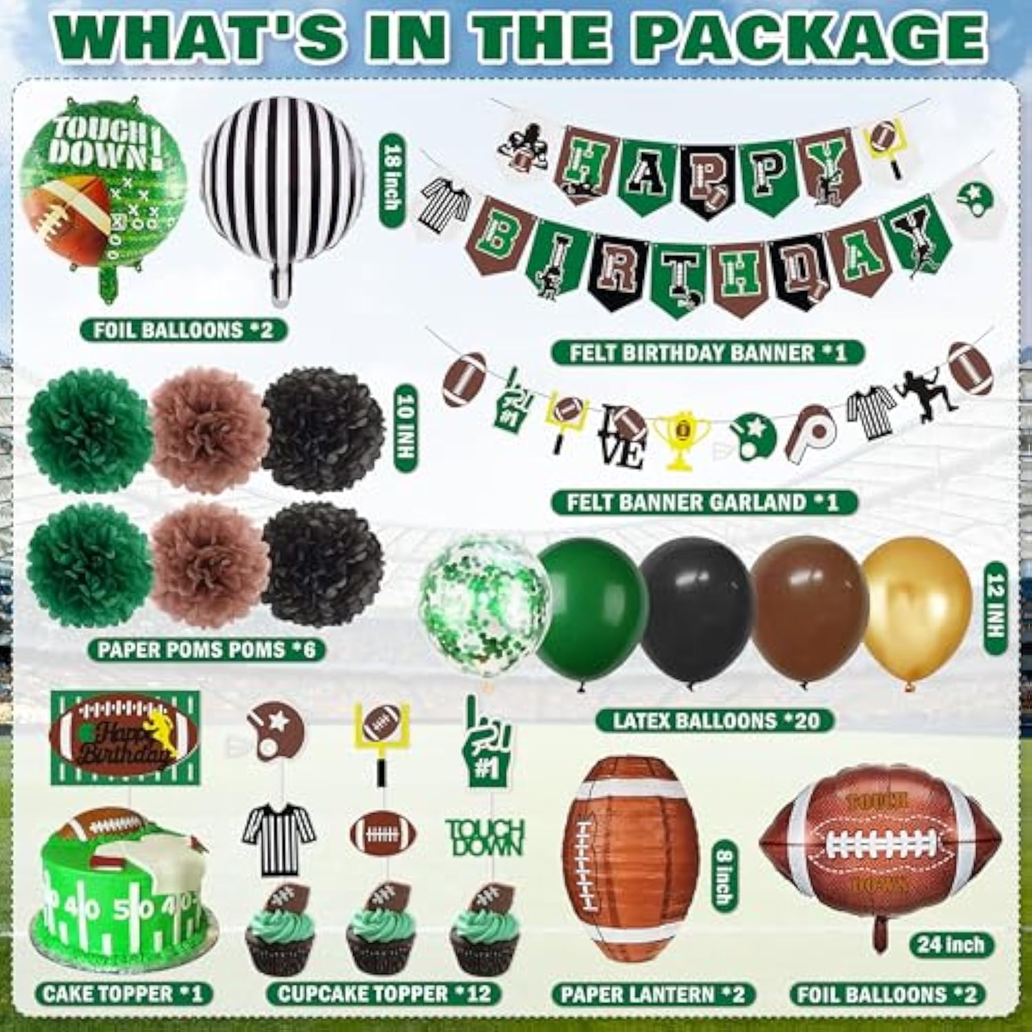 Superbowl Party Decorations Football Birthday Decorations Sports Party Supplies Set (Birthday Banner Paper Pom Poms Cake Toppers Lanterns Balloons) (Football-01)