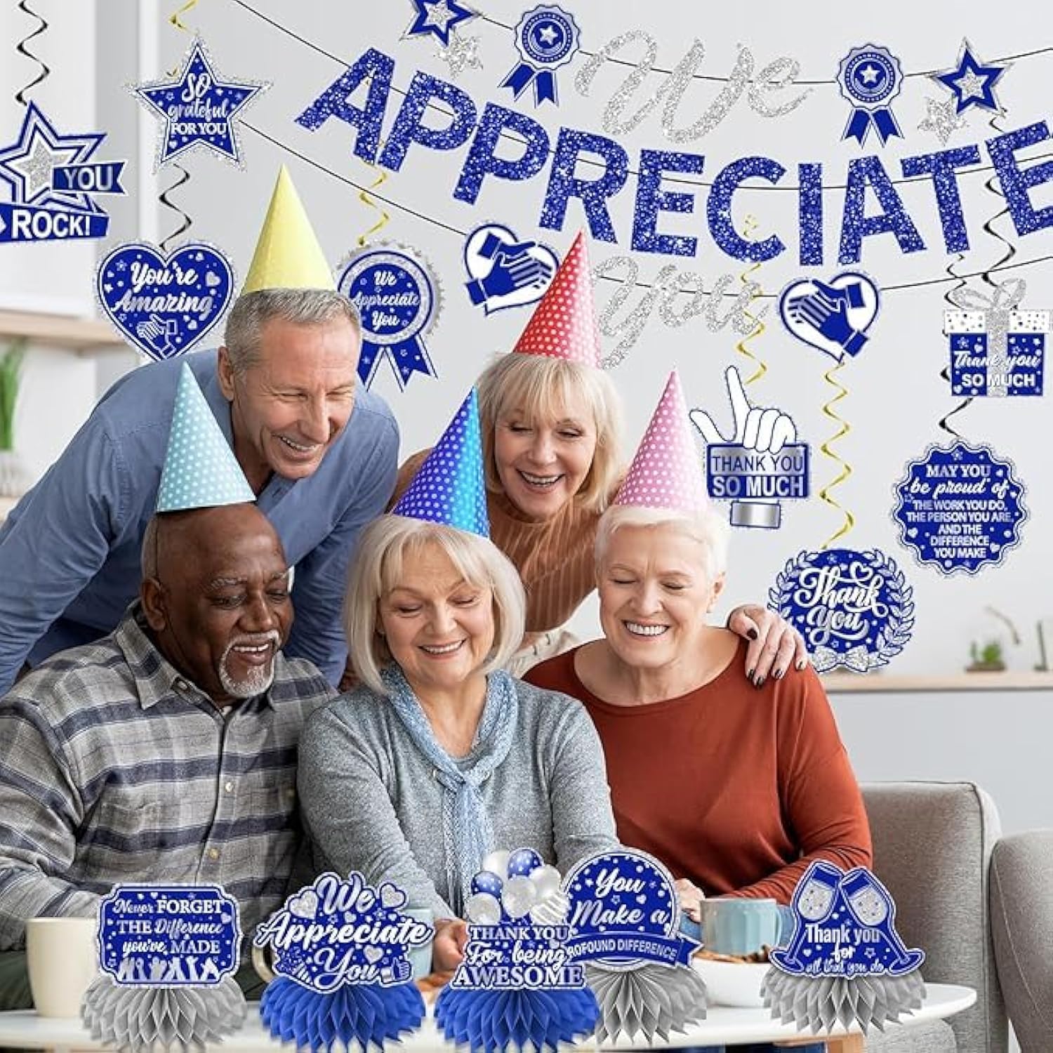 We Appreciate You Decorations, Blue Silver Thank You Decorations Includes We Appreciate You Banner And Employee Appreciation Table Decorations And Hanging Swirls For Pastor Appreciation Decorations