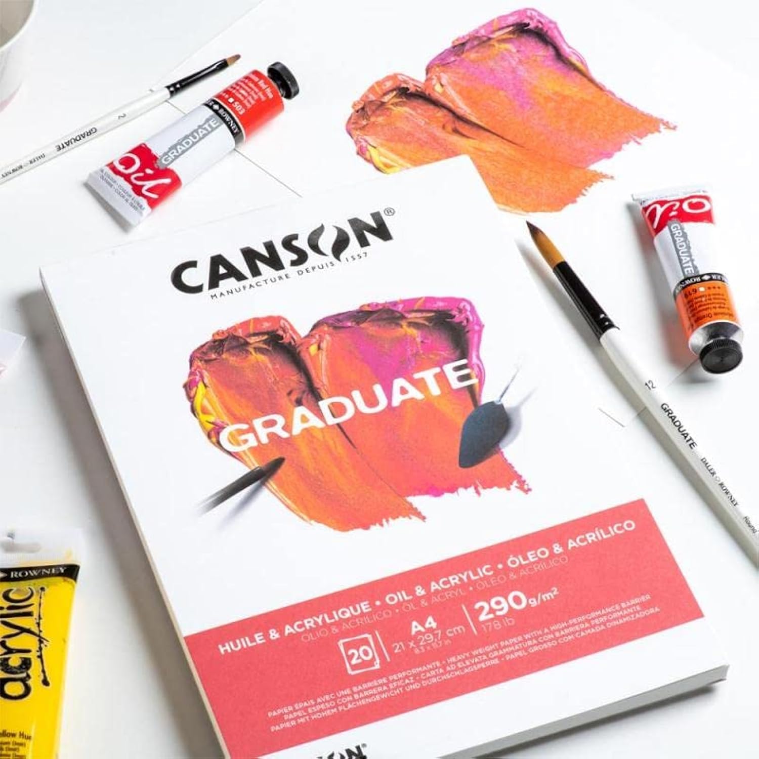 CANSON Graduate Oil and Acrylic 290gsm A3 Paper, Non-Woven, Pad Glued Short Side, 20 Natural White Sheets, Ideal for Student Artists