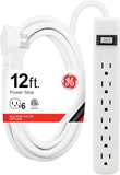 6 Outlet Power Strip 12FT Extension Cord Flat Plug Wall Mount On Off Switch White