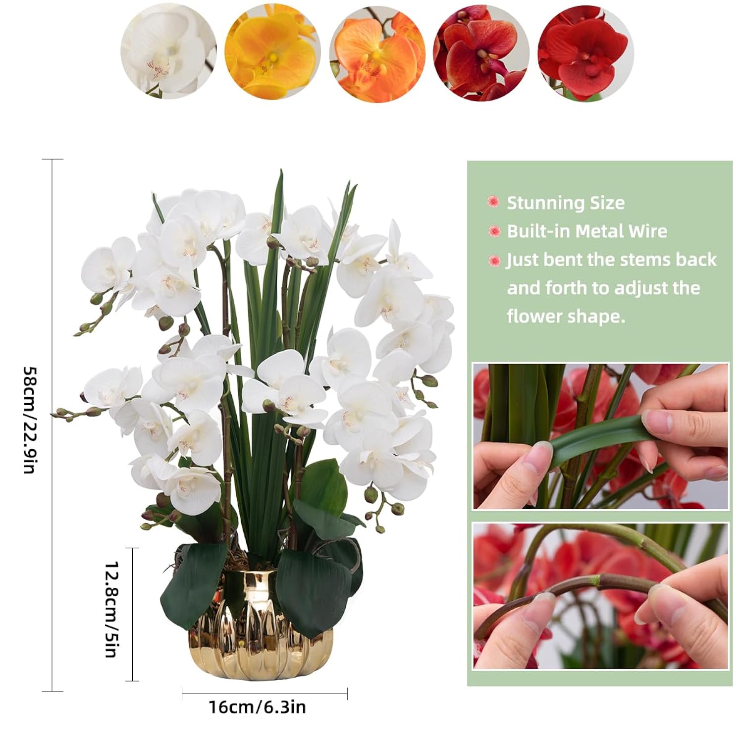 Artificial Orchid Flower Real Touch Faux Orchids In Ceramic Vase Large 22.9'' Fake Flowers White Phalaenopsis Floral For Home Indoor Decor