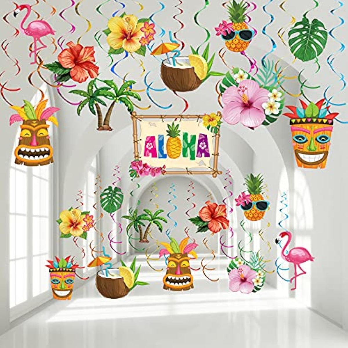 30pcs Luau Swirl Decorations Tropical Ceiling Decor for Beach Party