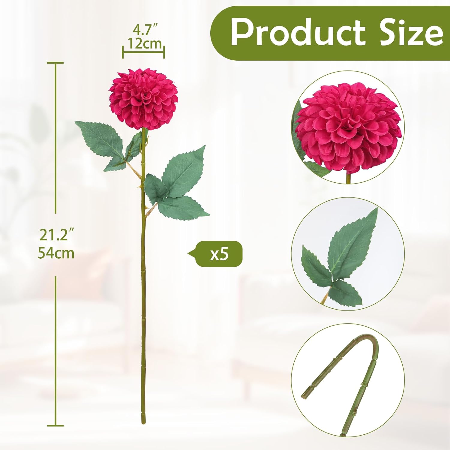 5Pcs Artificial Dahlia Flowers Large 21.2" Fake Silk Flowers Rose Red Real Looking Dahlia With Long Stems For Diy Wedding Bouquets Centerpieces Arrangements Bridal Party Home Decorations