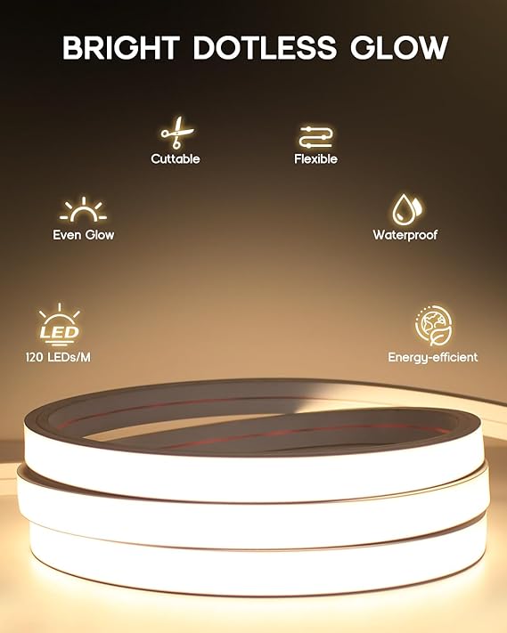 16.4FT LED Neon Rope Strip Lights Dimmable Waterproof Flexible Silicone Light for Kitchen Mirror Cabinet Decor