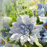Silk Dahlia Artificial Flower With Vase, Fake Faux Rose Flowers Bouquets In Vase For Home Office Table Decoration (Dahlia-Blue)