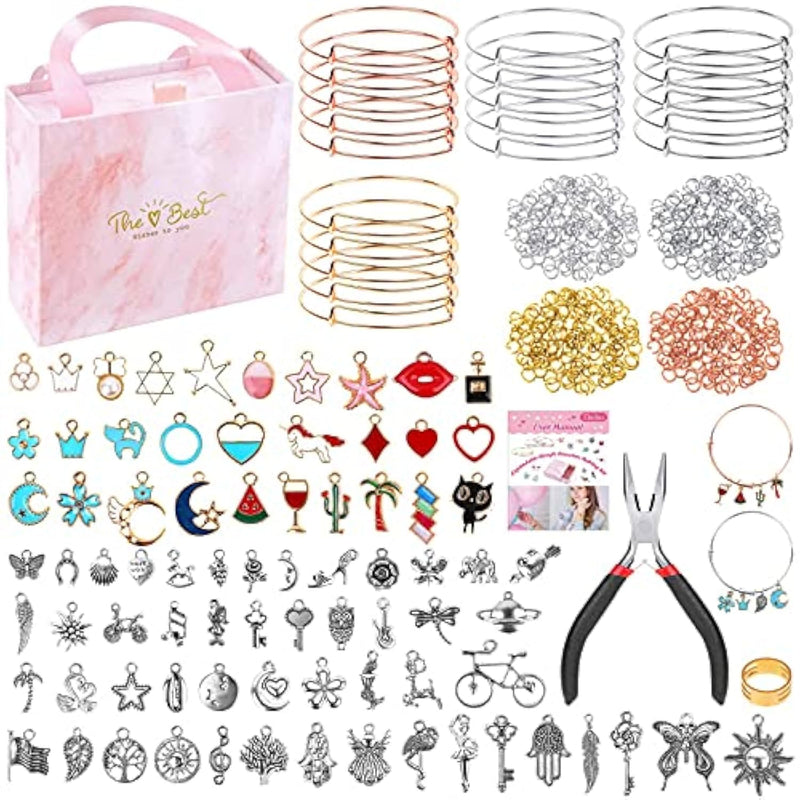 300Pcs Charm Bangle Bracelets Making Kit With Expandable Bangles, Charms, Jump Rings And Pliers For Jewelry Making Bangle Bracelets (With Gift Box And Tools)