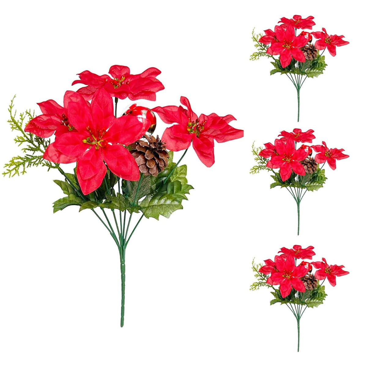 4 Pack Artificial Christmas Flowers Pick Decorations,4 Fake Poinsettia Flower Heads With Leaves And Pinecones Pine Needles Xmas Ball Red Flower Bouquet For Christmas Tree Ornament Home Garden Decor