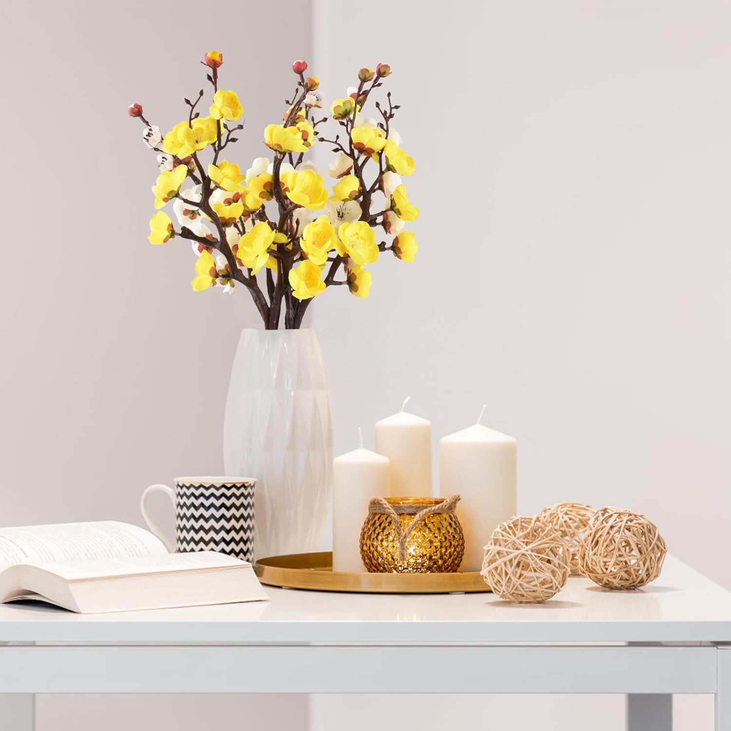 Artificial Plum Blossom 6 Pack Simulation Long Stem Silk Flower Branches Home Kitchen Decoration Party Supplies (White And Yellow)