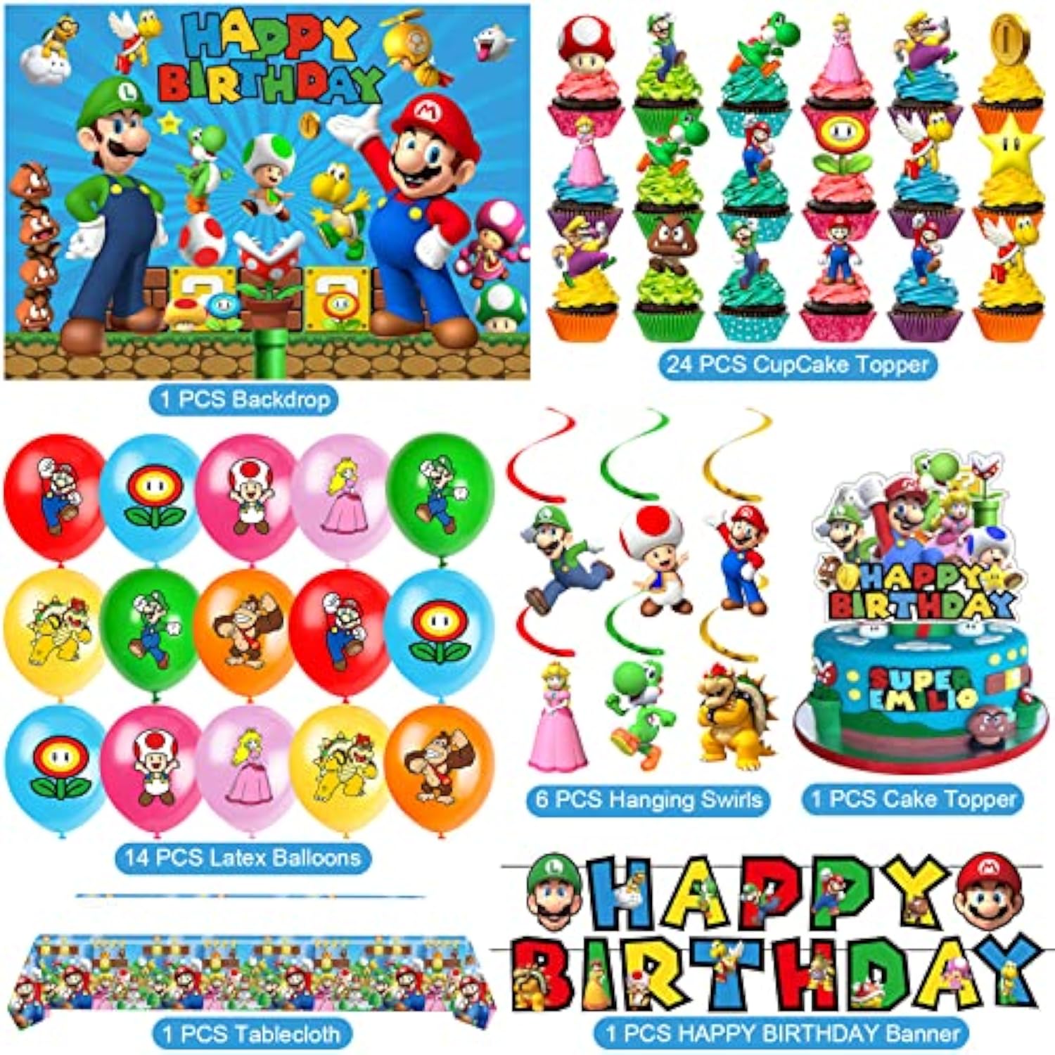 Mario Birthday Party Supplies, Party Decorations Set Include Banner, Backdrop, Balloons, Hanging Swirls, Cake Cupcake Toppers, Tablecloth For Boys Girls Mario Theme Party