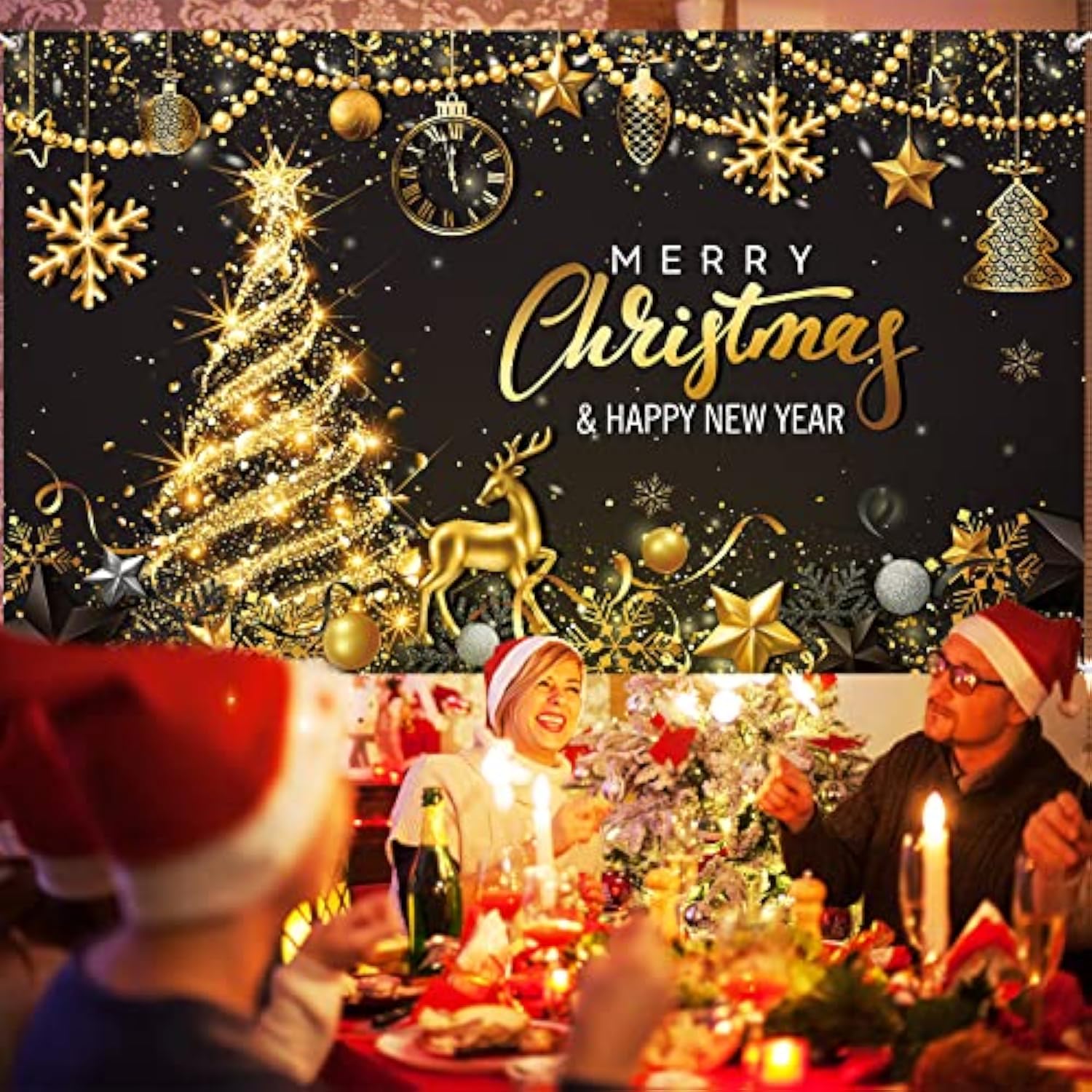 Merry Christmas Party Backdrop 72.8x43.3in Black & Gold Banner
