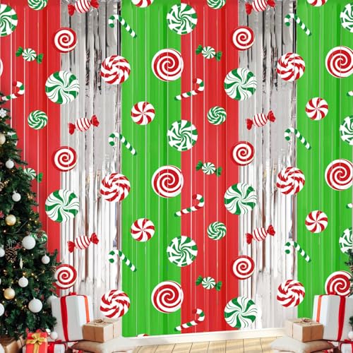 2 Packs Christmas Candy Foil Fringe Curtains 3.3x6.6ft Xmas