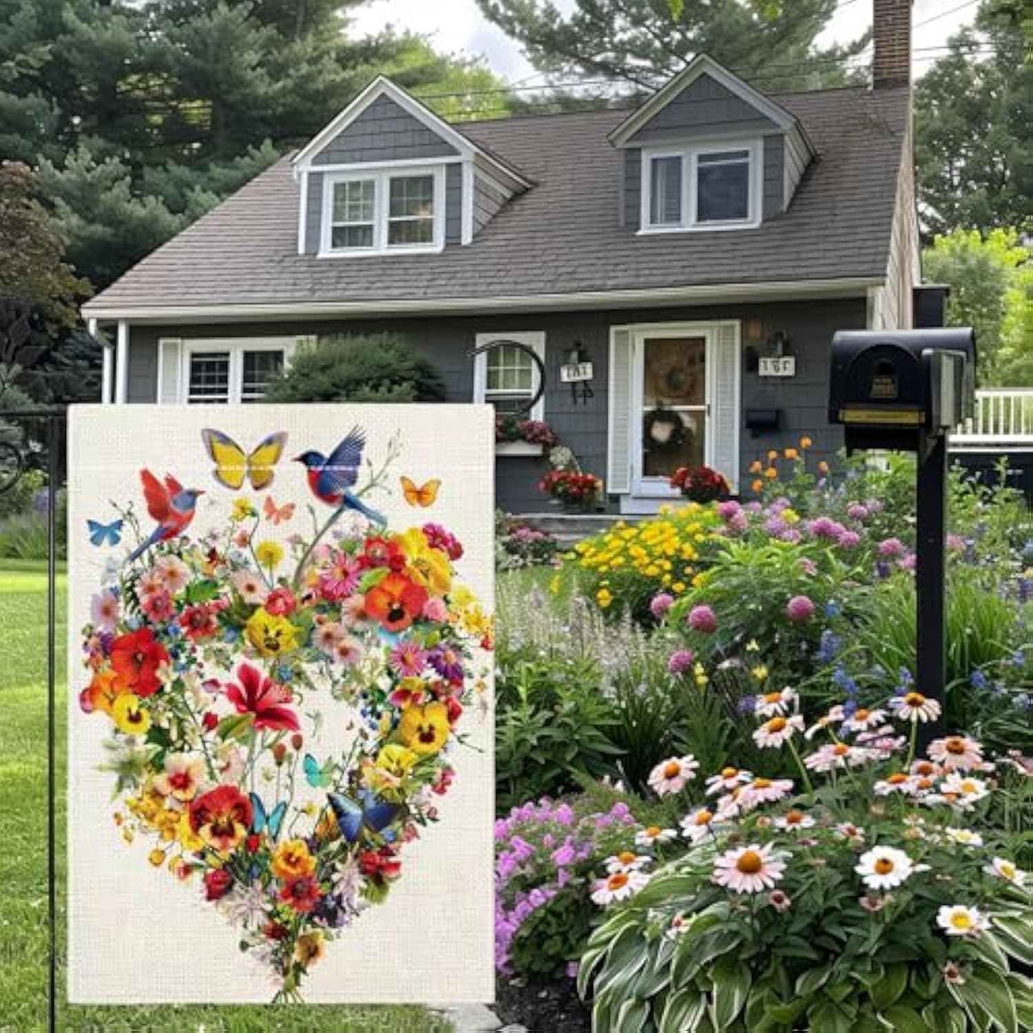 Spring Summer Birds Flowers Butterflies Garden Flag For Outside, Colorful Floral Love Hearts Outdoor Yard Flag 12X18 Inch Double Sided Burlap