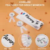 Mommy To Be Sash For Baby Shower With Mommy And Daddy To Be Tinplate Badge Pins With Red & Blue Foot Prints For Party Favors (3Pcs)