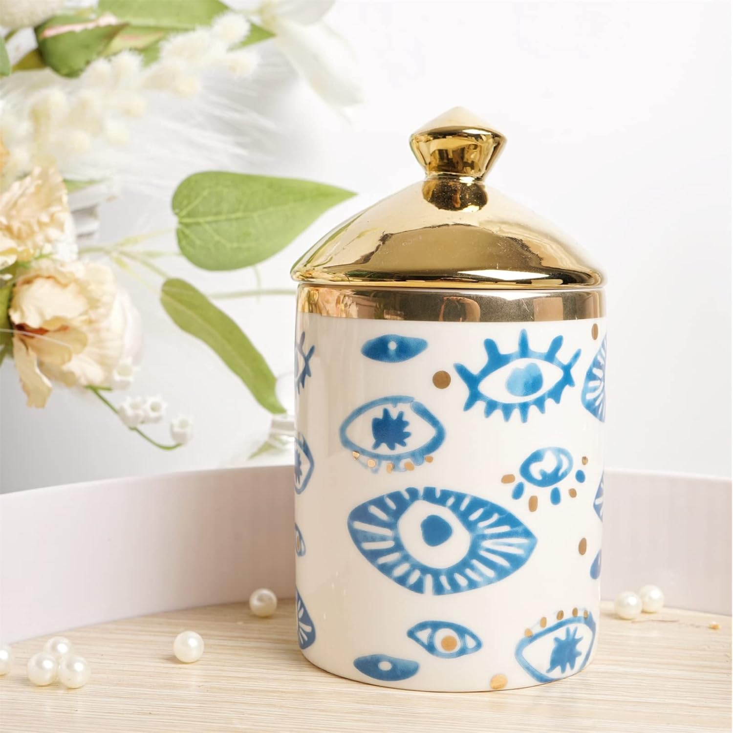 Big Eye Aromatherapy Candle Jar With Lid Ceramic Makecup Cotton Swab Holder Home Deocrative Bottler, Home Fireplace Kitchen Dining Decor For Living Room Knick Knacks Candle Holder